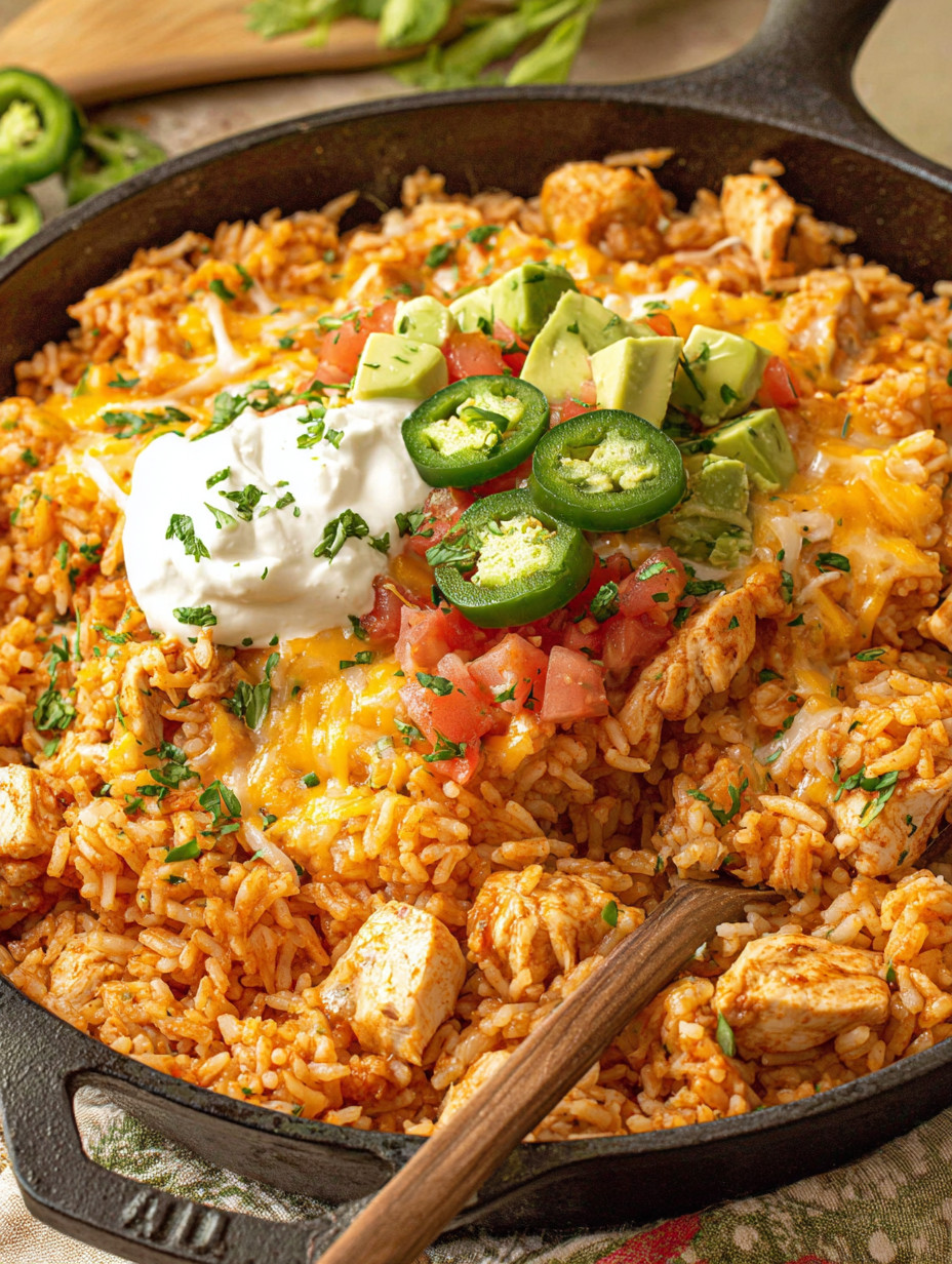 A bowl of food with rice, chicken, tomatoes, and jalapenos.