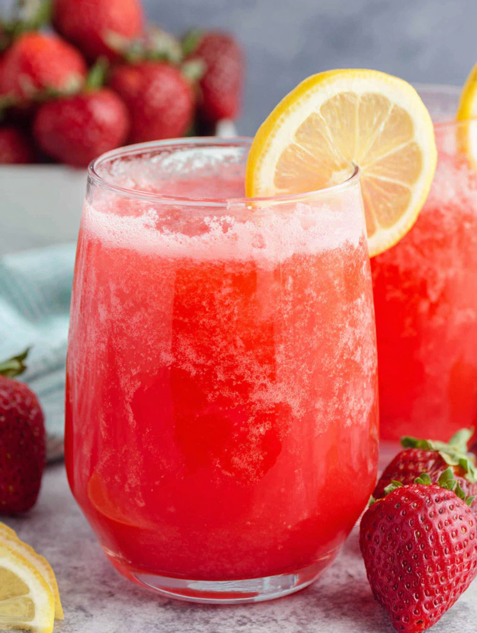A glass of pink lemonade with a lemon wedge in it.