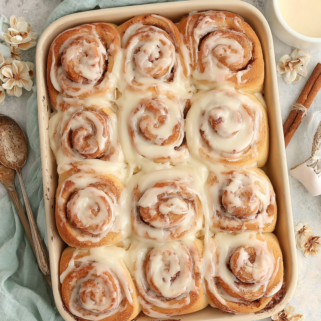 A pan of cinnamon rolls.