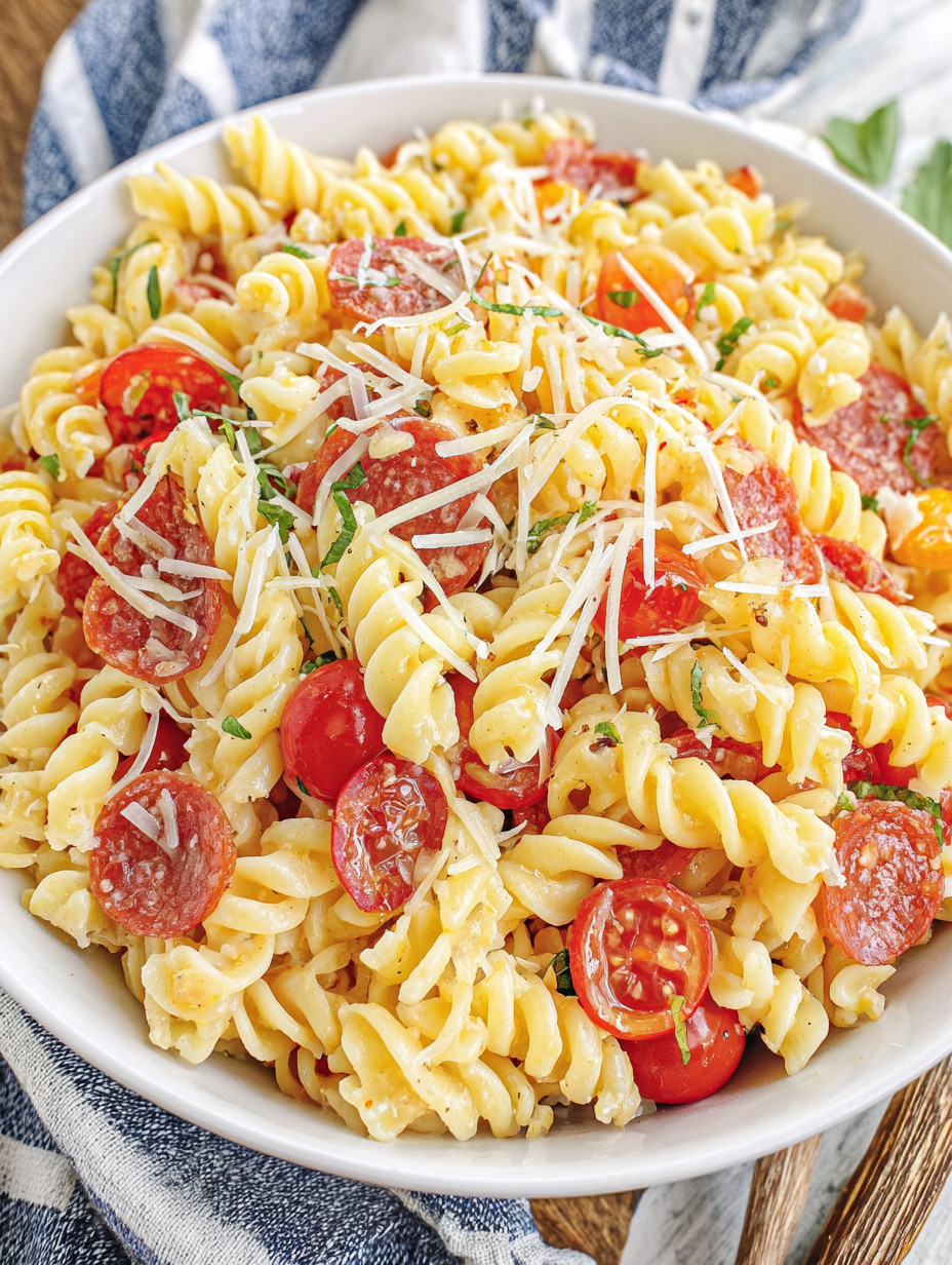 A bowl of pasta with tomatoes and cheese.