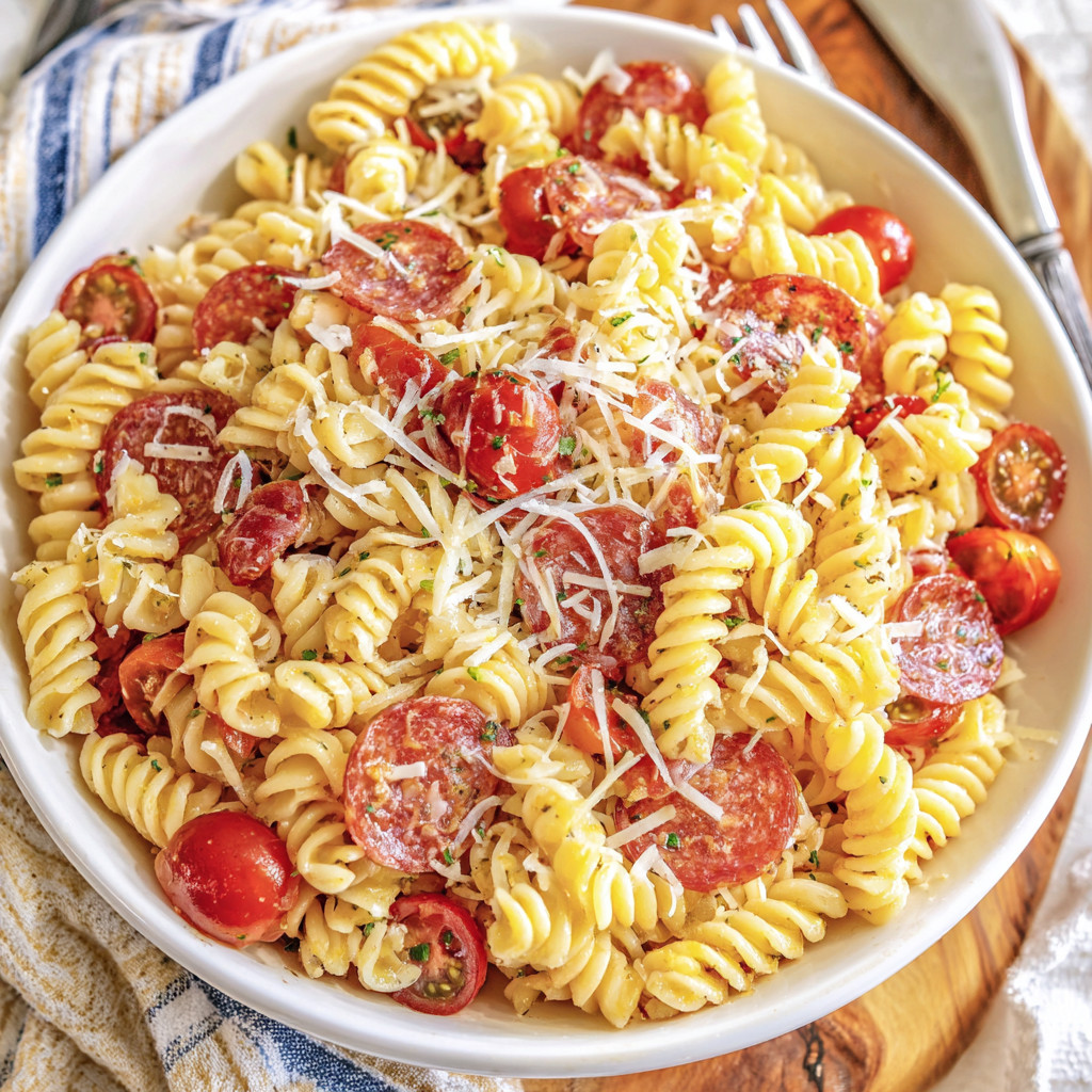 A bowl of pasta with tomatoes and cheese.
