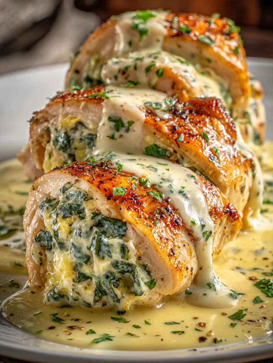 Chicken with sauce and herbs.