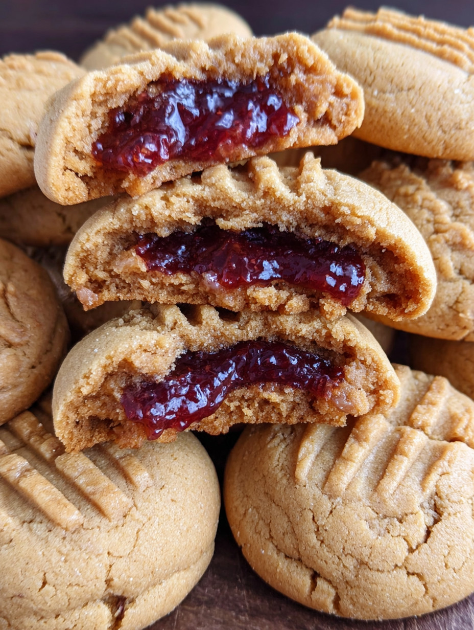 A stack of cookies with jelly in the middle.