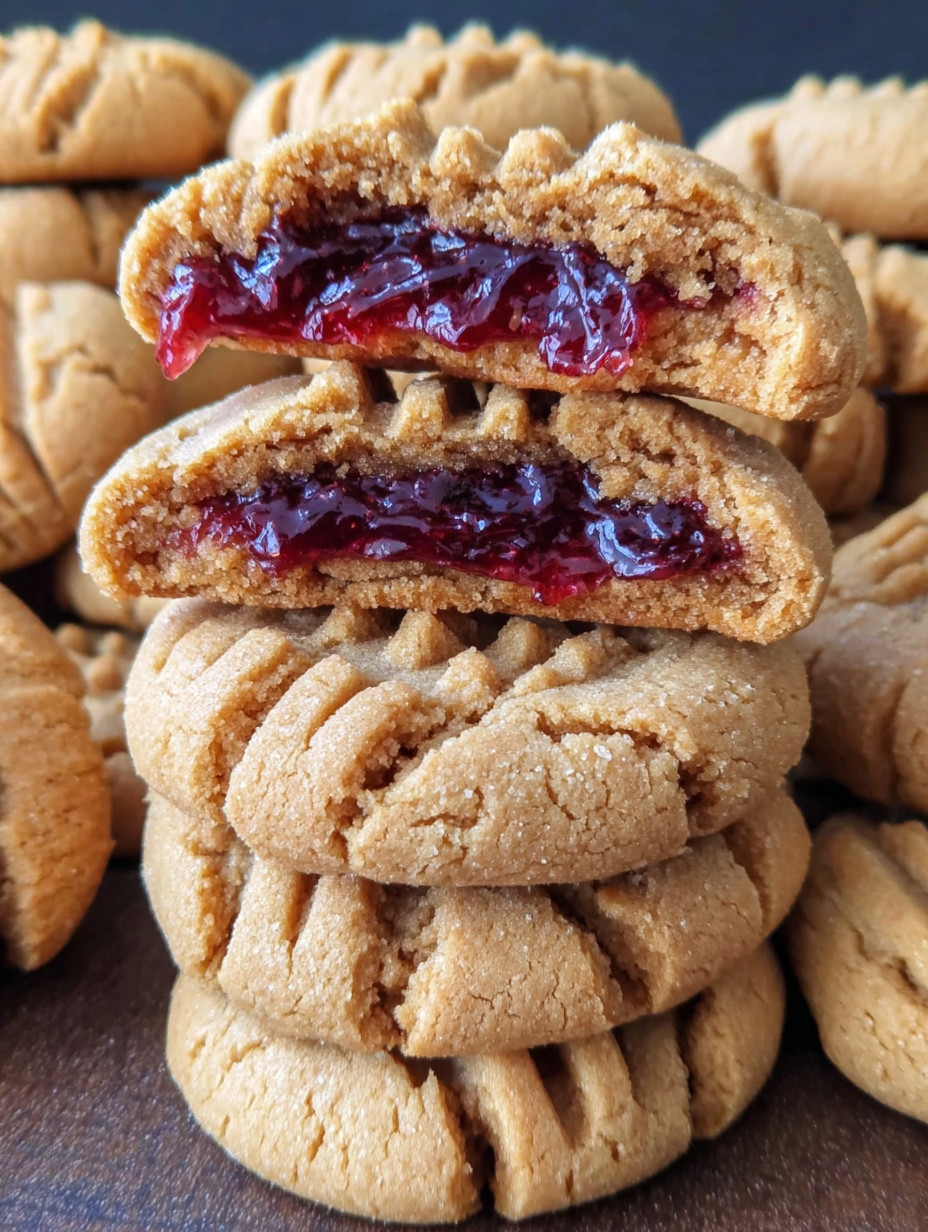 A stack of cookies with red jam in the middle.