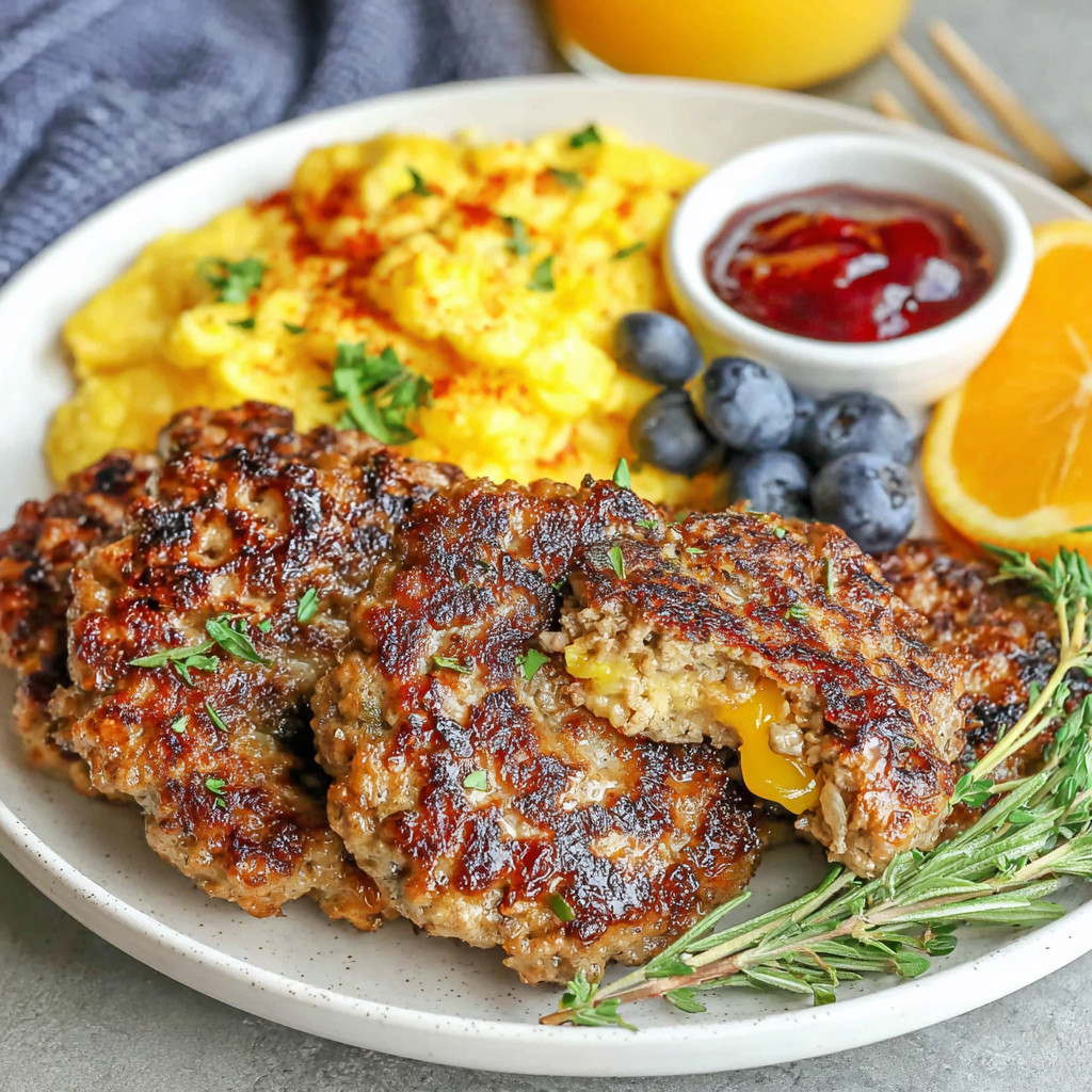 A plate of food with meat, eggs, and blueberries.