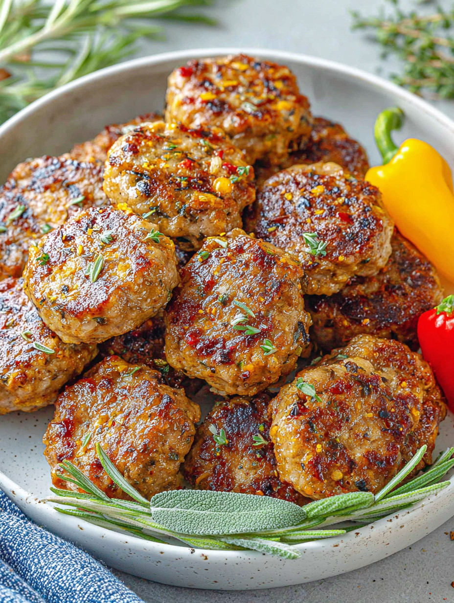 A plate of meatballs with peppers and herbs.