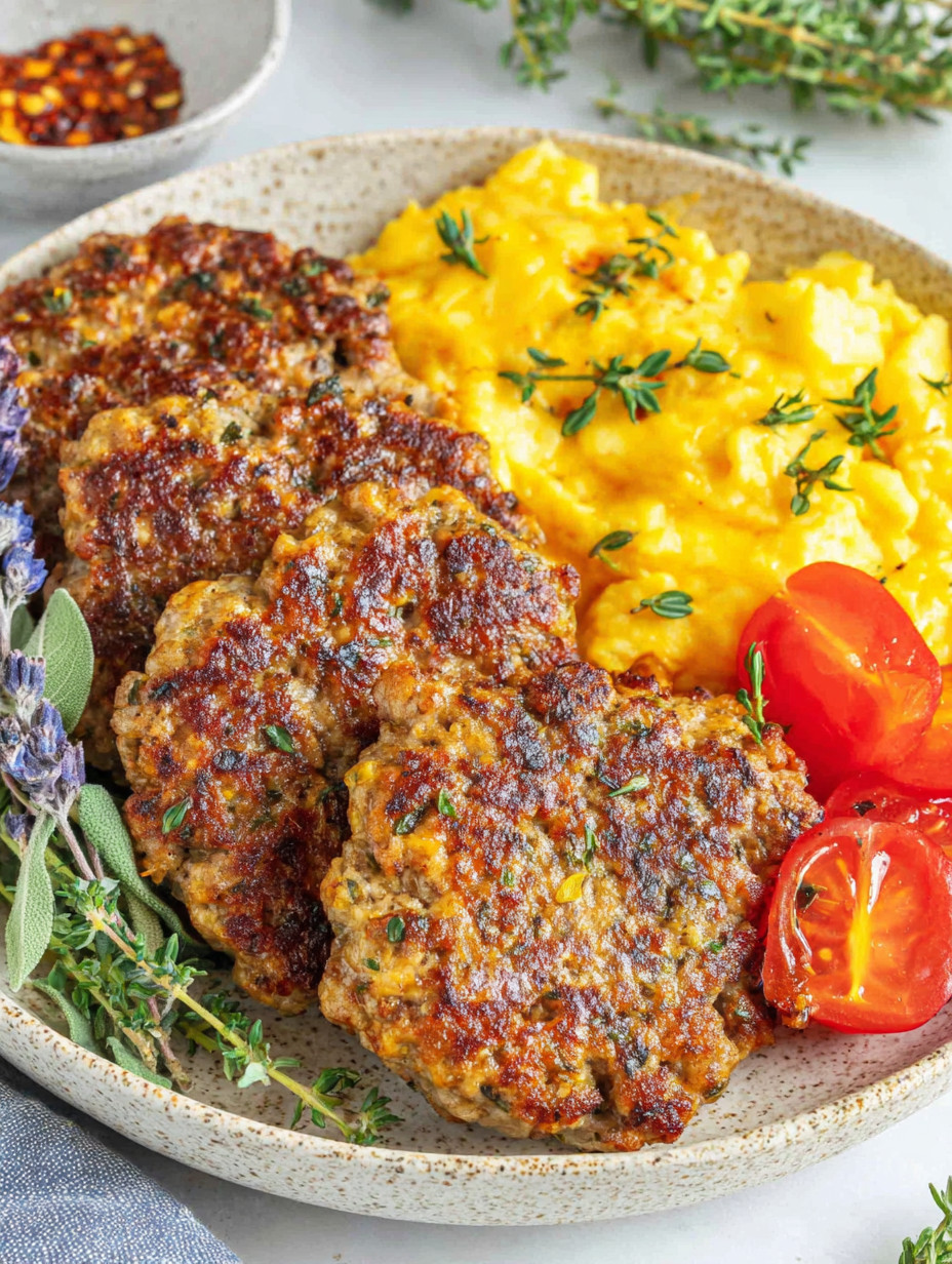 A plate of food with sausage, tomatoes, and mashed potatoes.