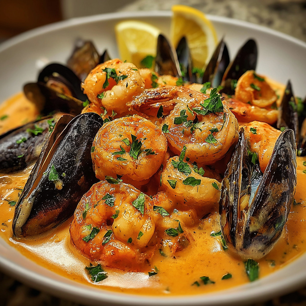 A bowl of shrimp and scallops with lemon wedges.