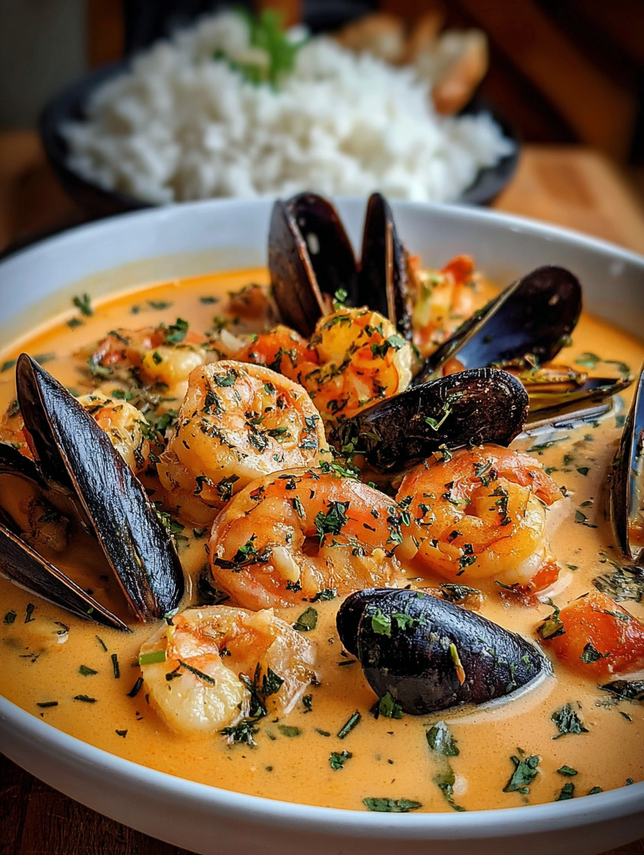 A bowl of shrimp and mussels in a creamy sauce.
