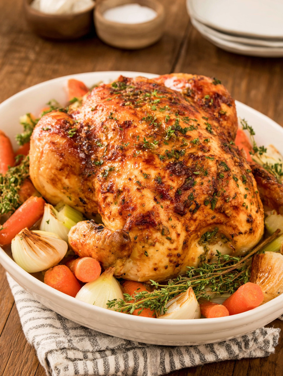 A chicken with herbs and vegetables.