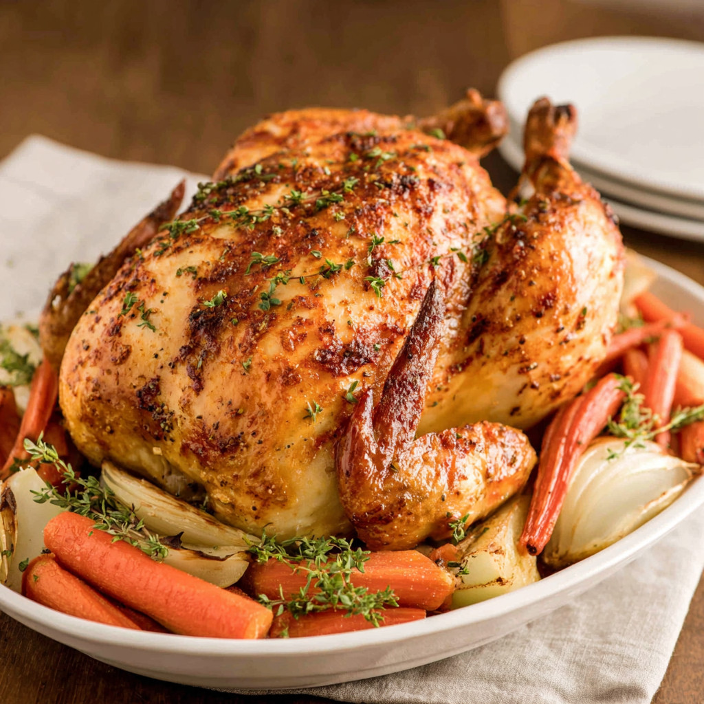 A roasted chicken with carrots and onions.