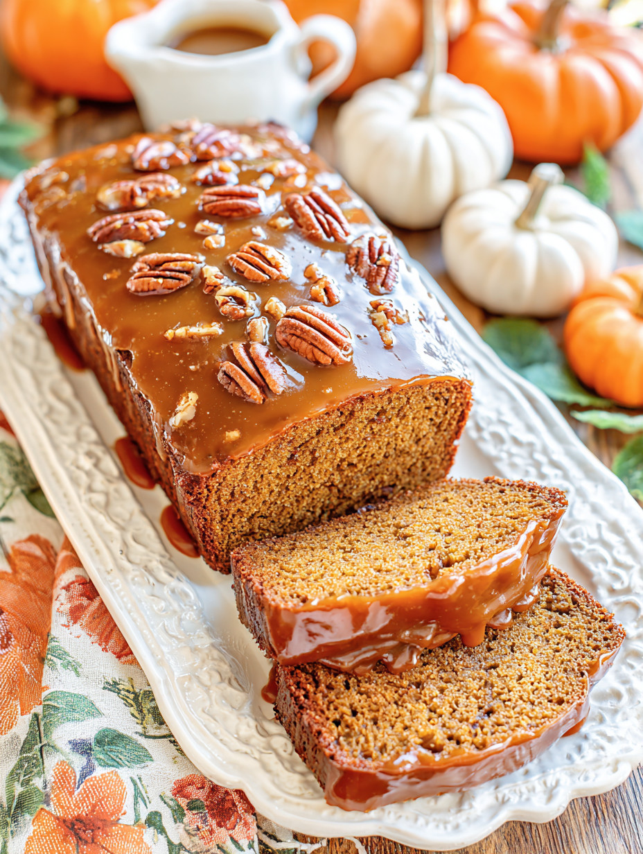 A slice of pumpkin bread with caramel drizzle.