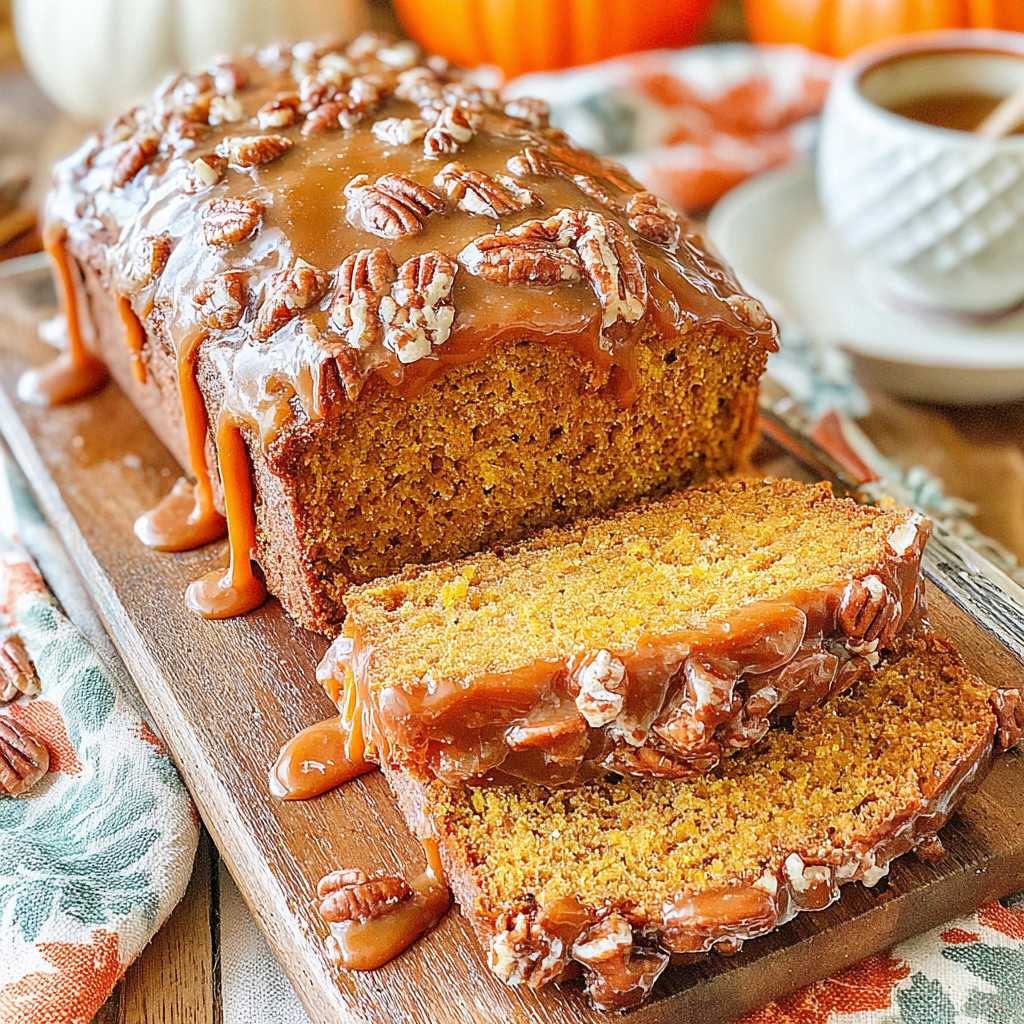 A slice of pumpkin bread with caramel drizzle.