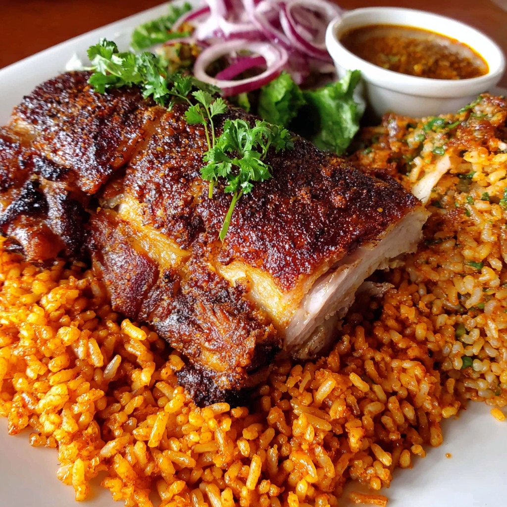 A plate of food with rice and meat.
