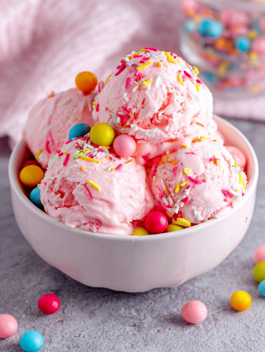 A bowl of pink ice cream with sprinkles.