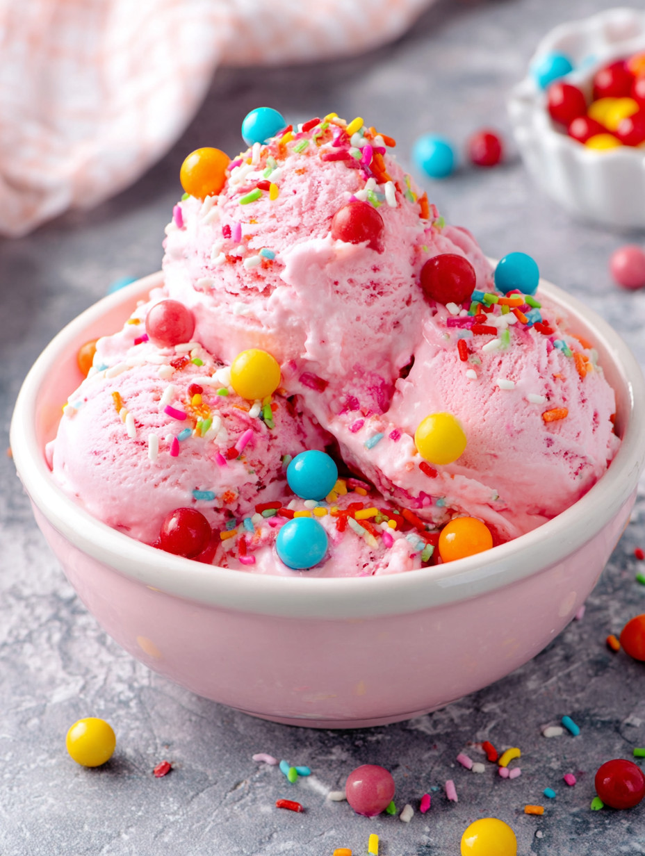 A bowl of pink ice cream with candy on top.