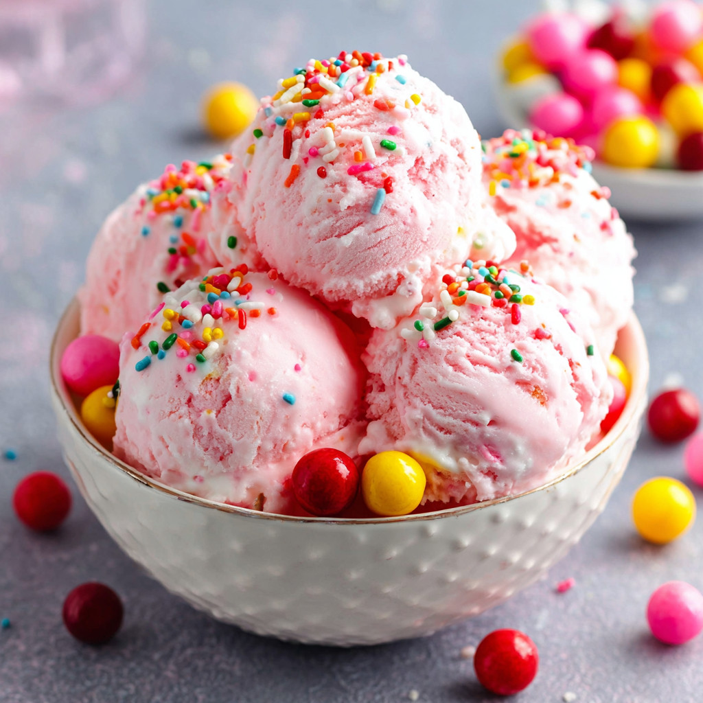 A bowl of pink and white frozen dessert with sprinkles.