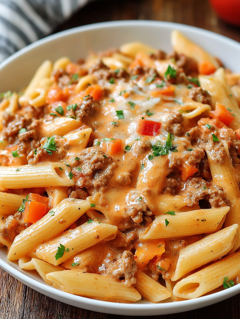 A bowl of pasta with meat and cheese.