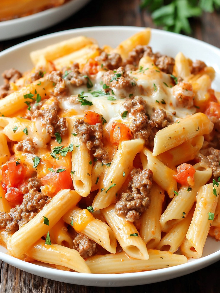 A bowl of pasta with meat and tomatoes.