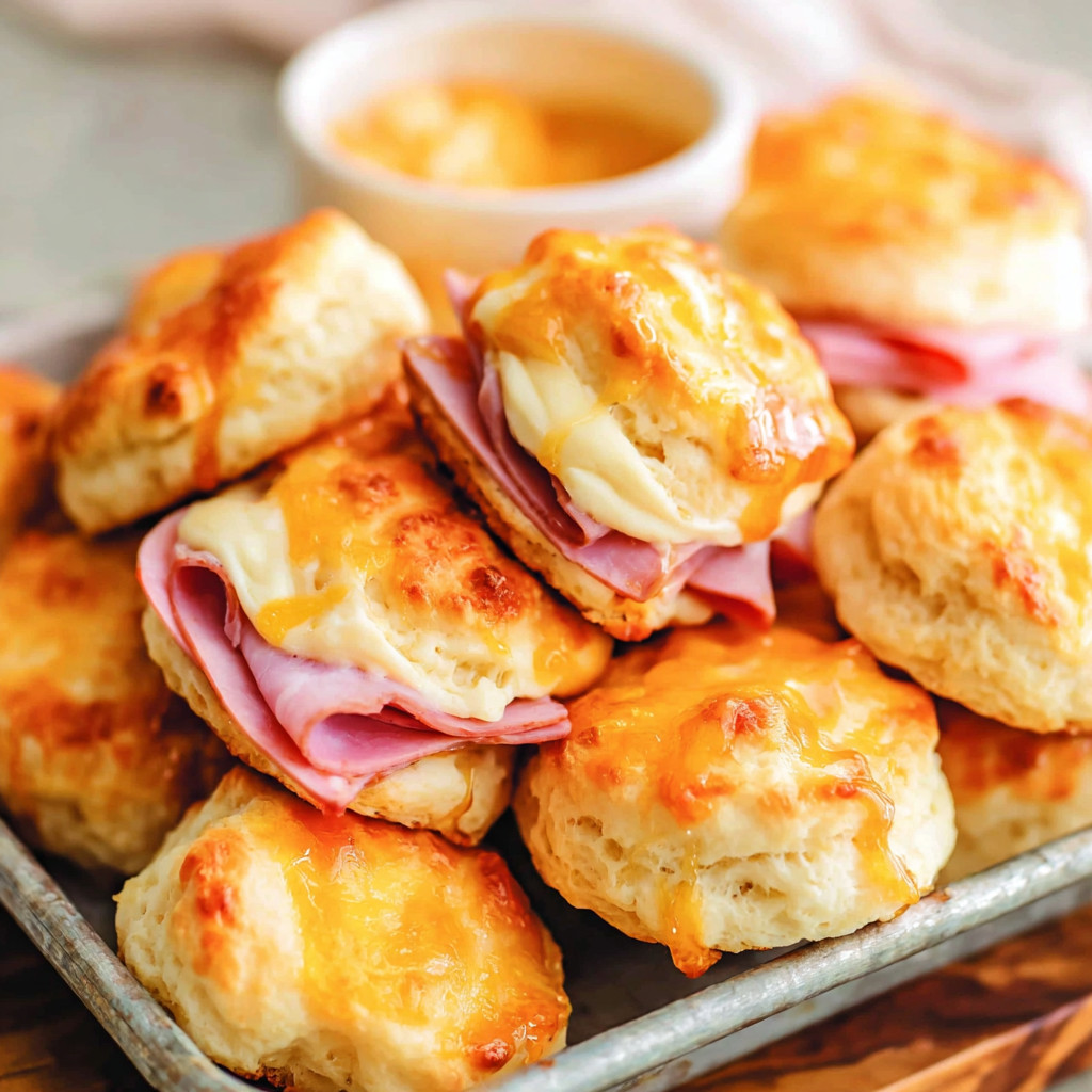 A plate of ham and cheese biscuits.