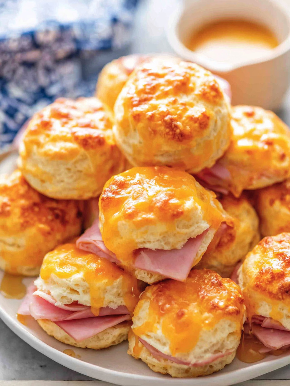 A plate of cheesy biscuits with ham.