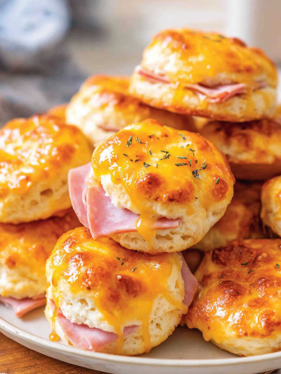 A plate of ham and cheese biscuits.