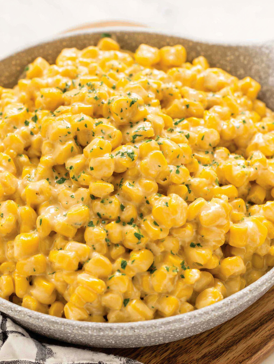 A bowl of corn with green herbs on top.