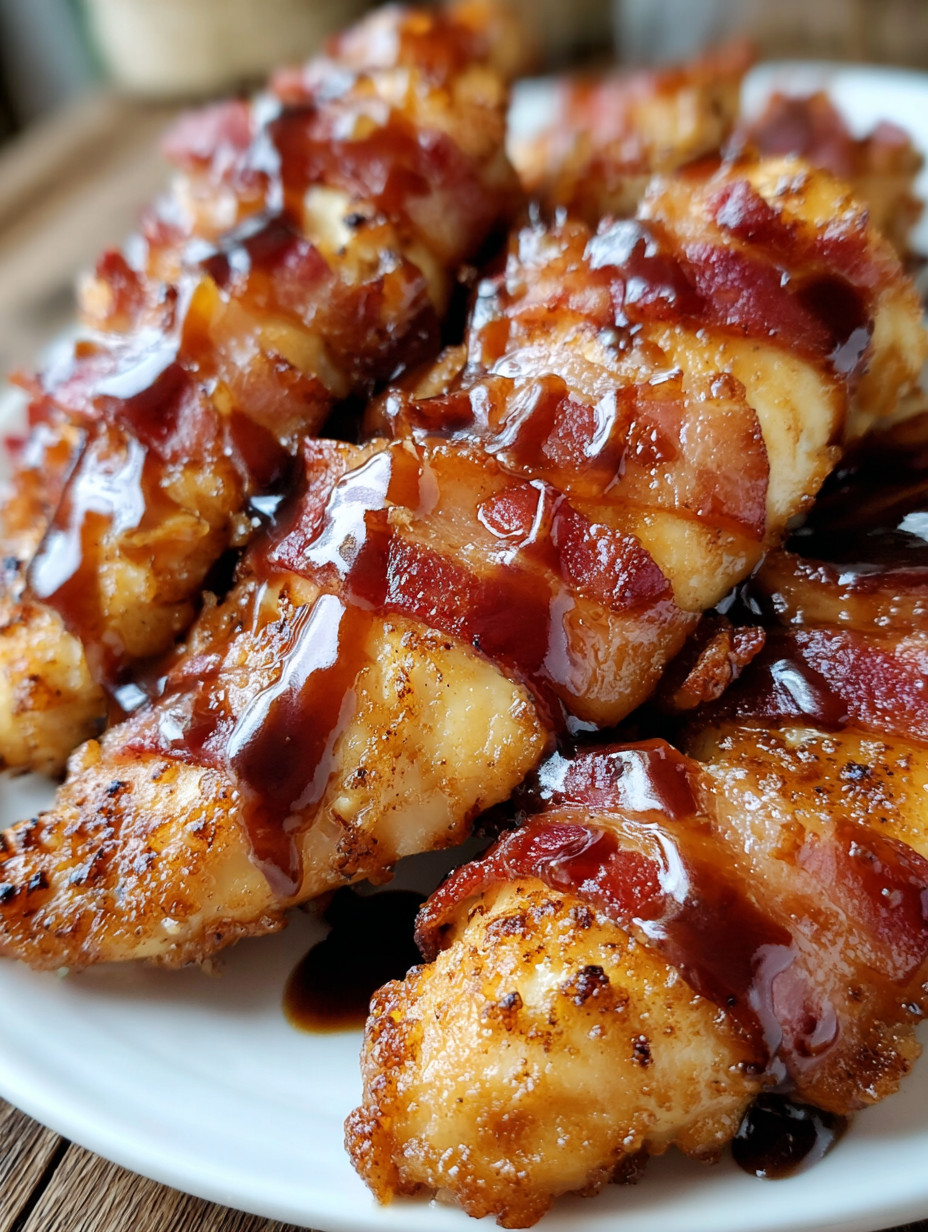 Bacon wrapped chicken with BBQ sauce.