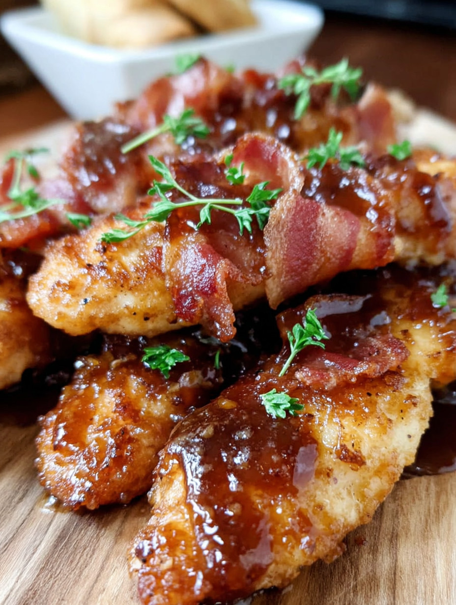 Bacon wrapped chicken with sauce.