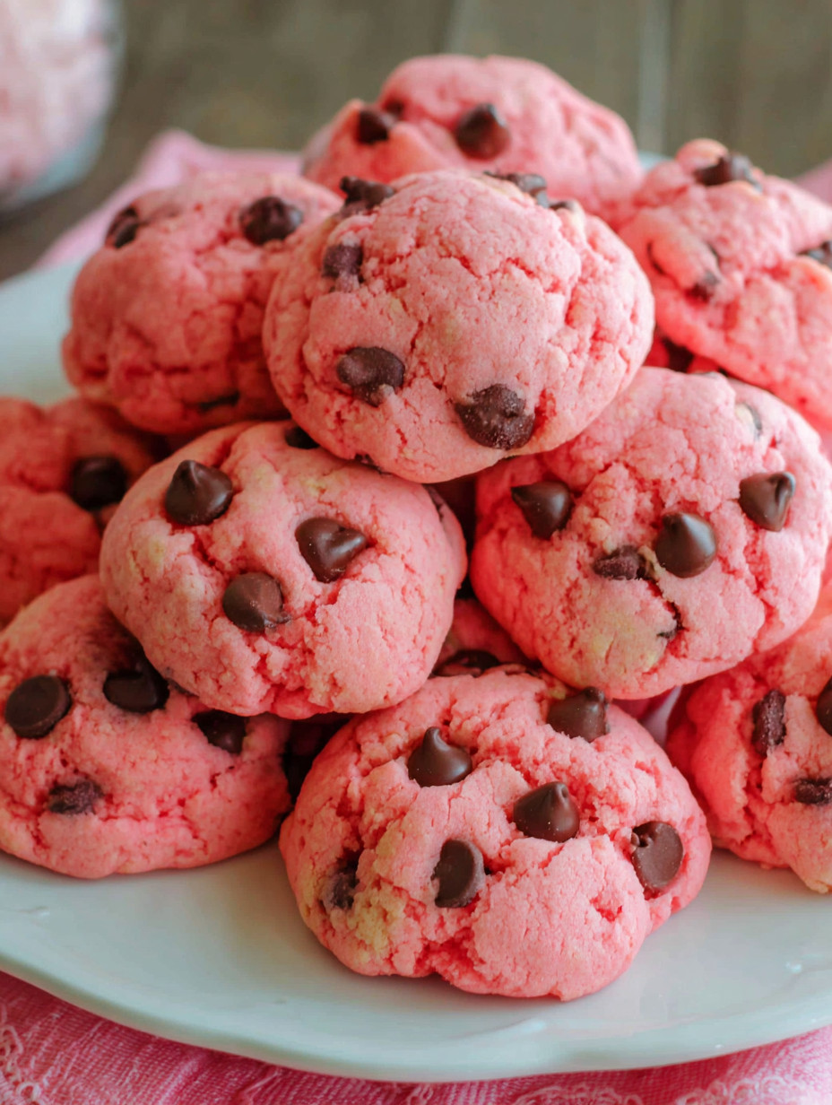A plate of pink cookies with chocolate chips.