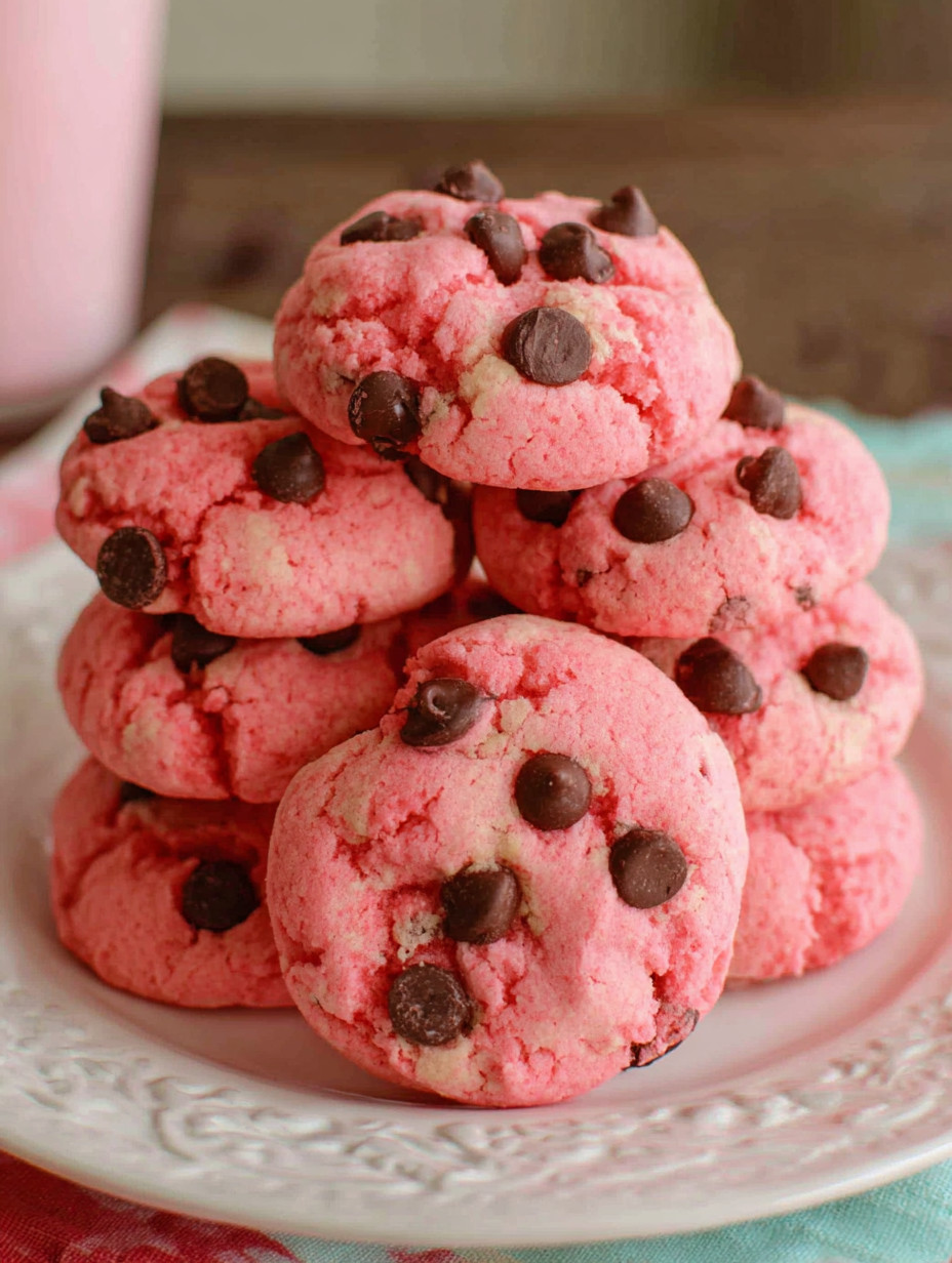 Pink cookies with chocolate chips.