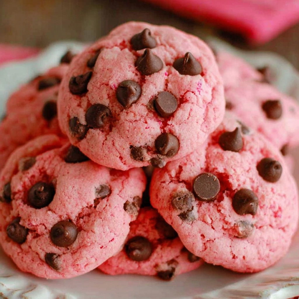 A stack of pink cookies with chocolate chips.