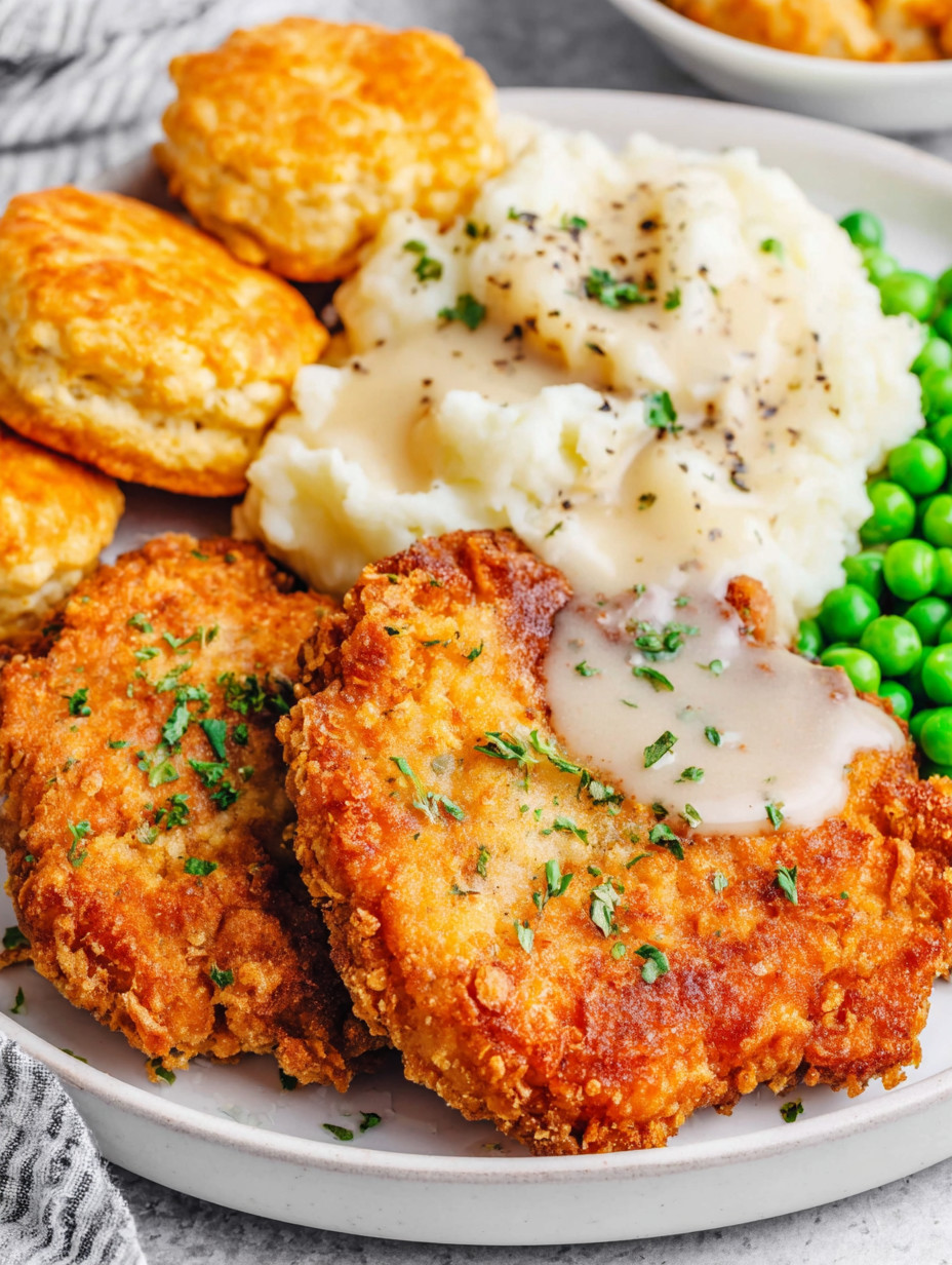 A plate of food with chicken, potatoes, peas, and biscuits.