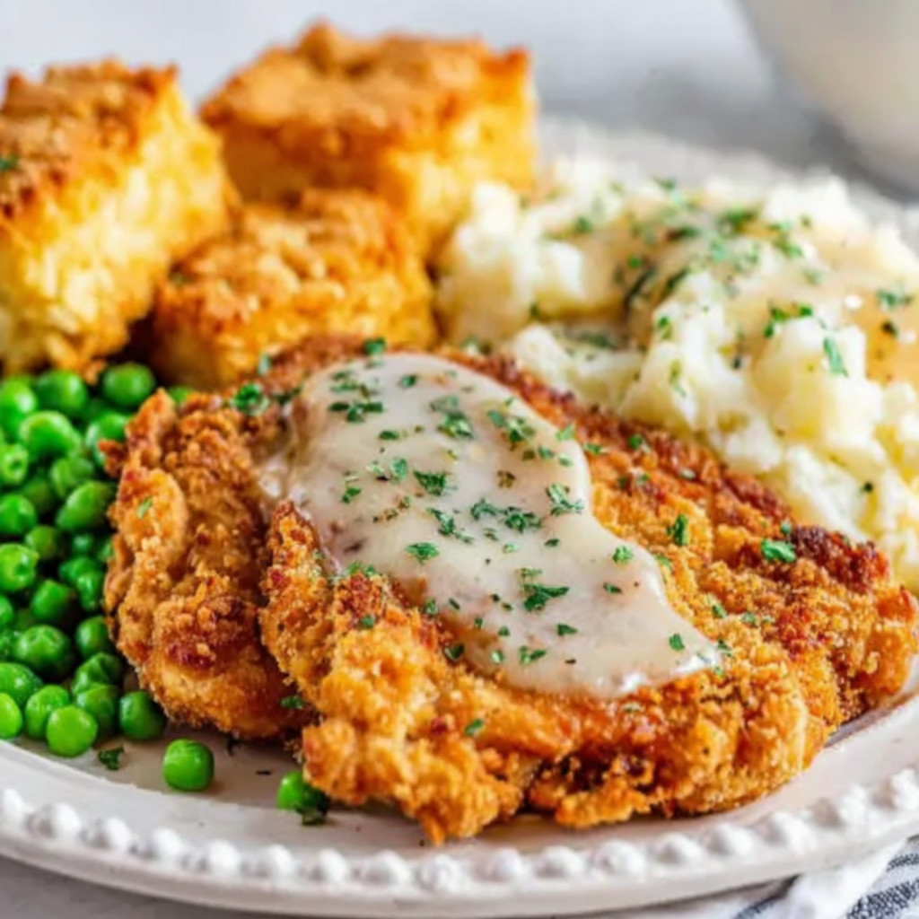 A plate of food with chicken, potatoes, and peas.