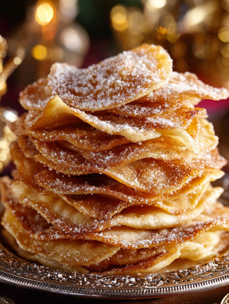 A stack of pastries covered in powdered sugar.
