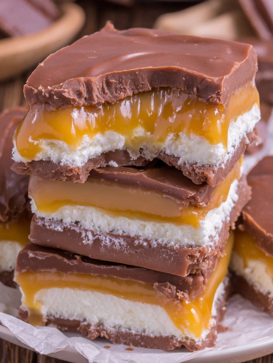 A stack of chocolate and caramel bars.