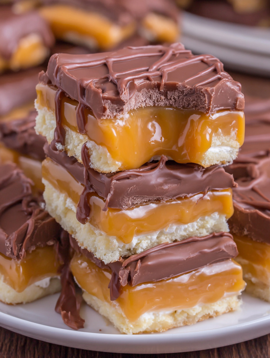 Chocolate and caramel desserts stacked on a plate.