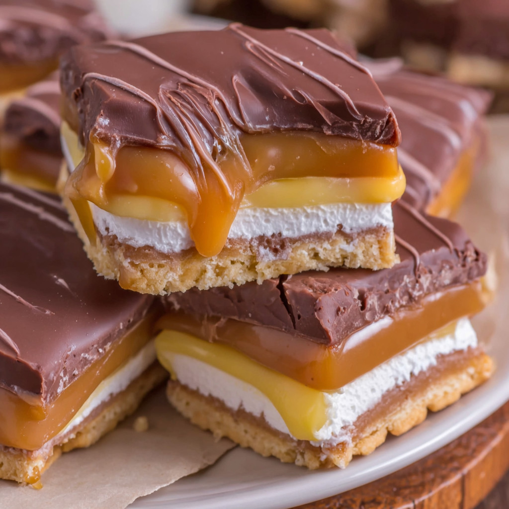 A plate of chocolate and caramel desserts.