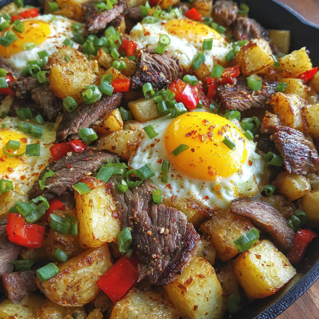 A plate of food with eggs and potatoes.