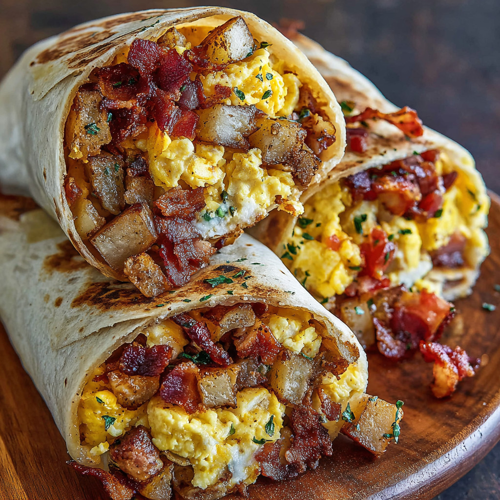 A breakfast burrito with bacon and eggs.