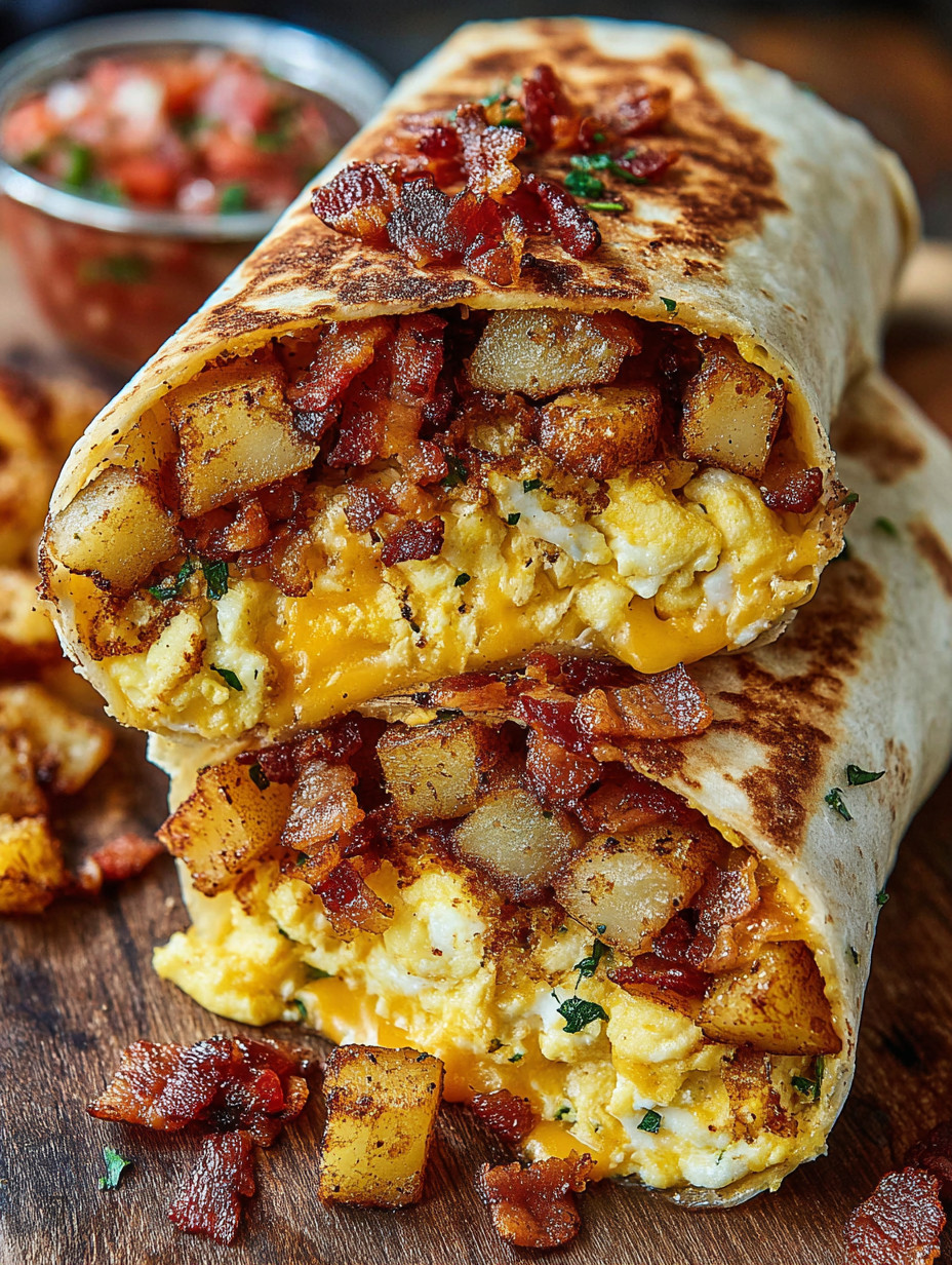 A breakfast burrito with eggs and bacon.