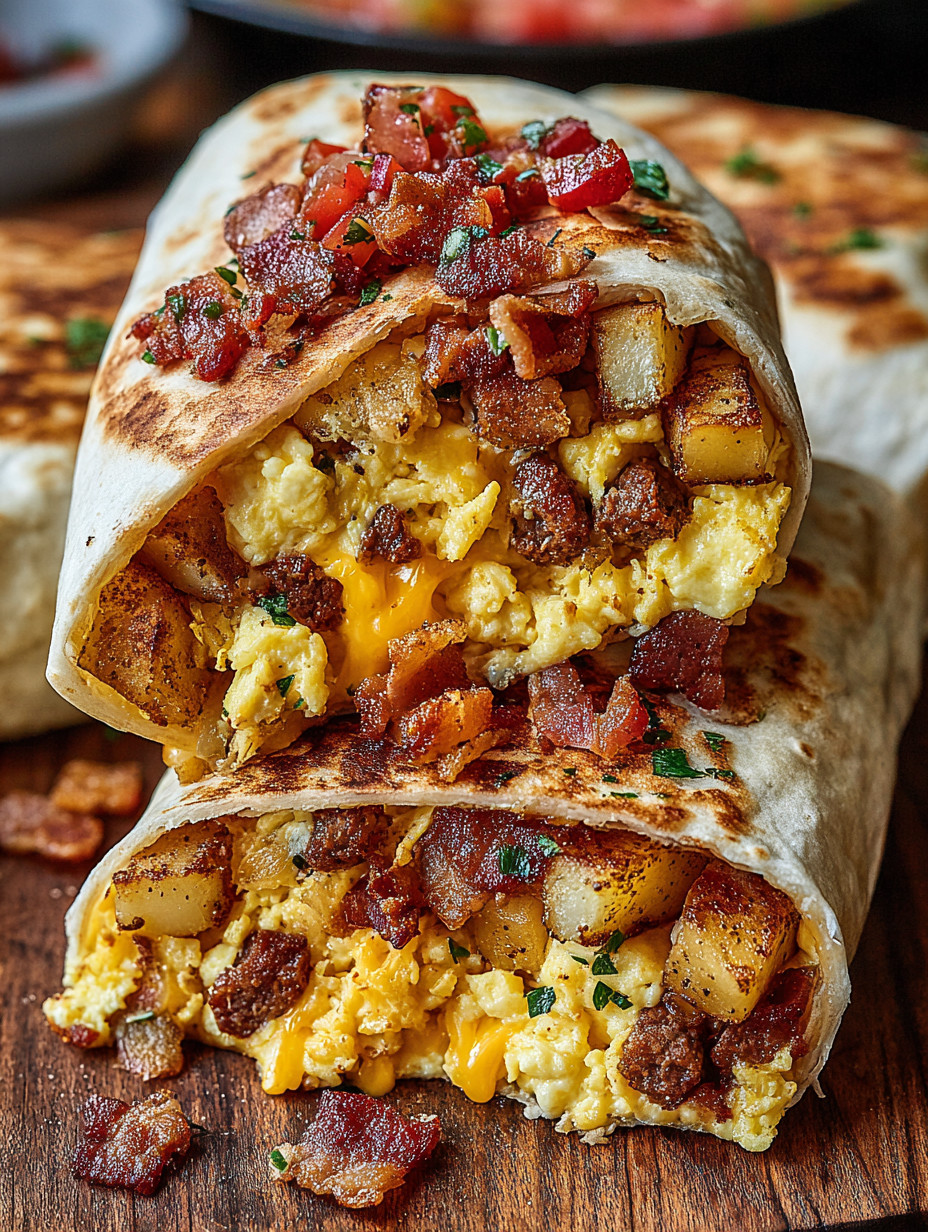 A breakfast burrito with eggs, bacon and potatoes.
