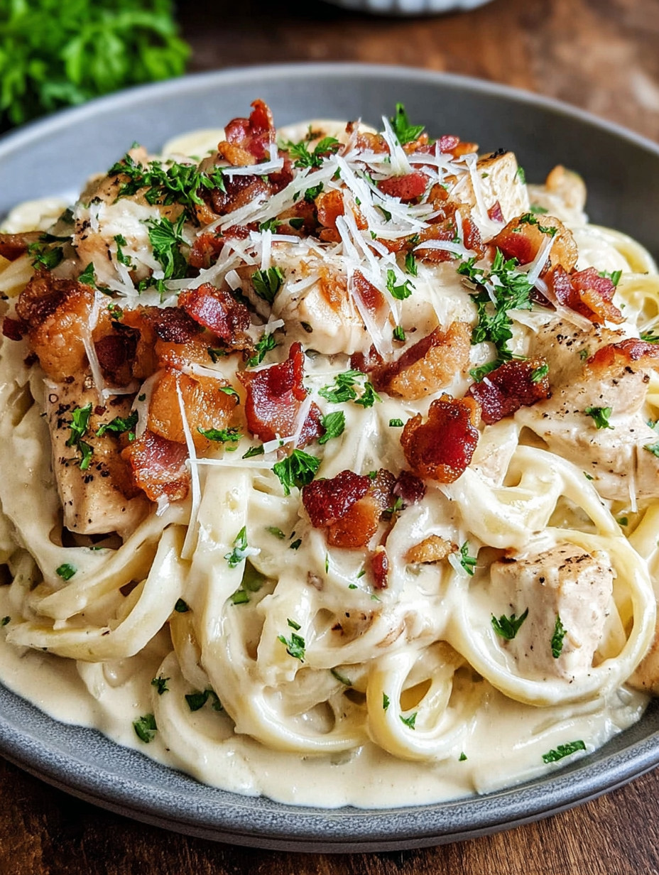 A bowl of pasta with bacon and cheese.