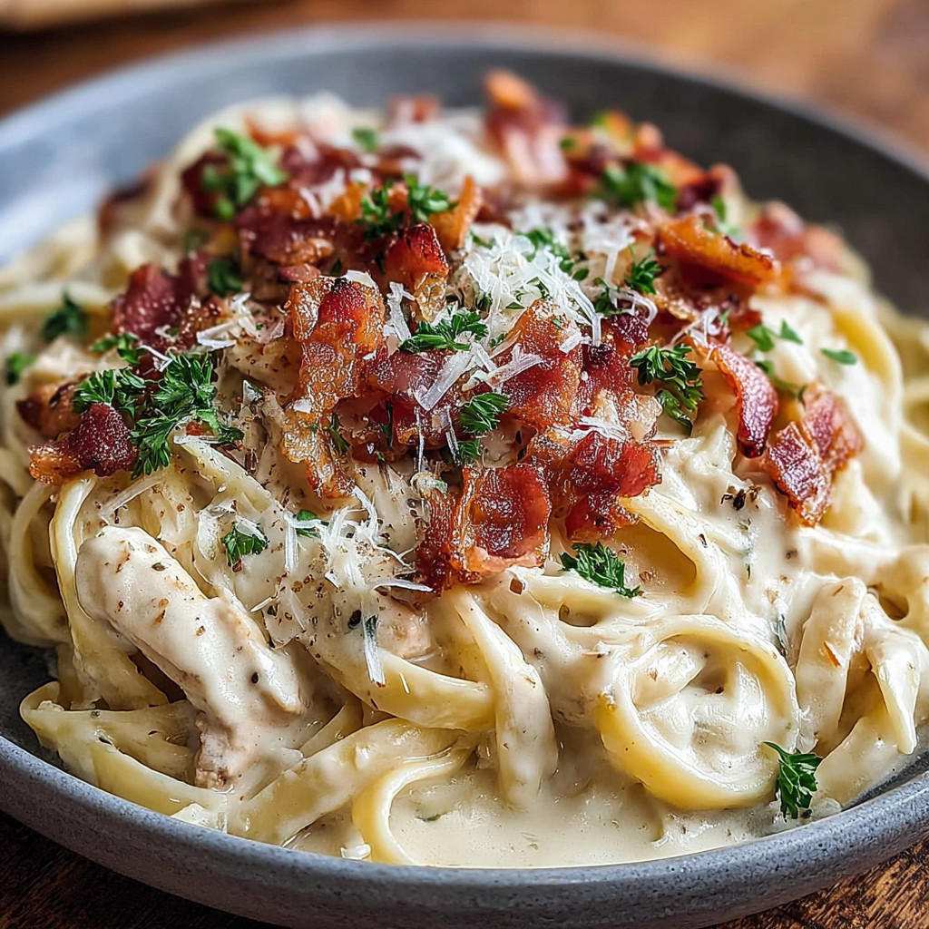 A bowl of pasta with bacon and cheese.