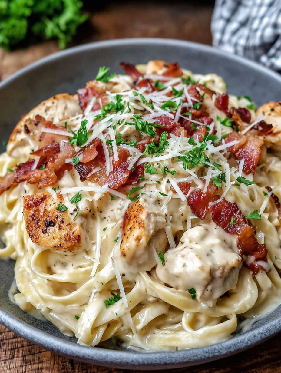 A bowl of pasta with chicken and bacon.