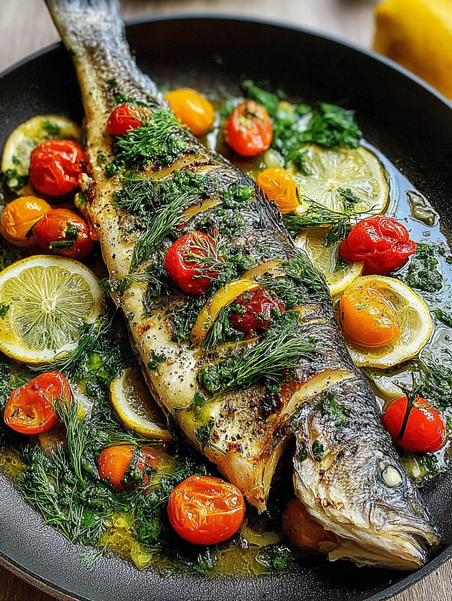 A fish with tomatoes and lemon slices on it.