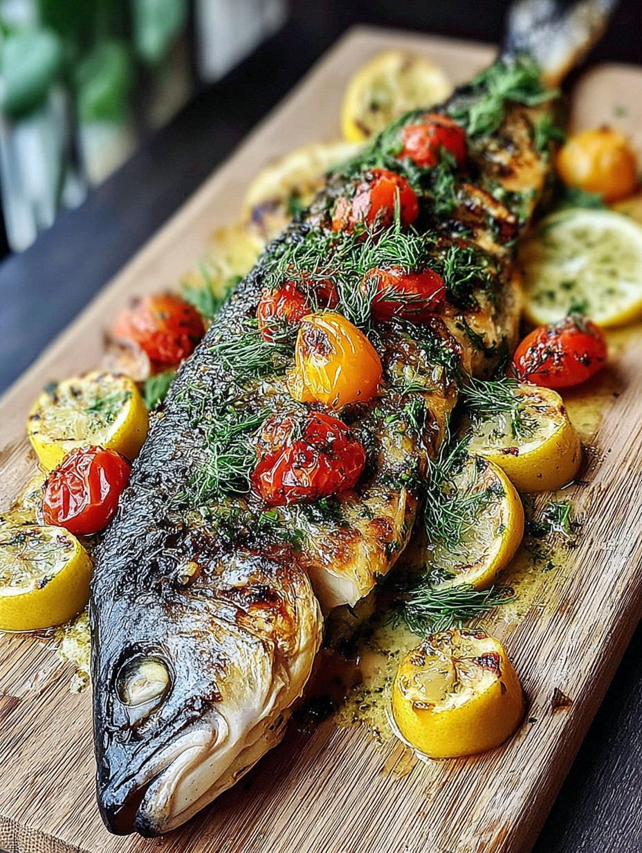 A fish with tomatoes and lemon on a wooden platter.