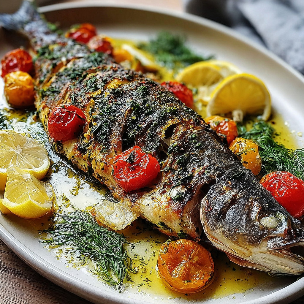 A fish with tomatoes and lemon on it.