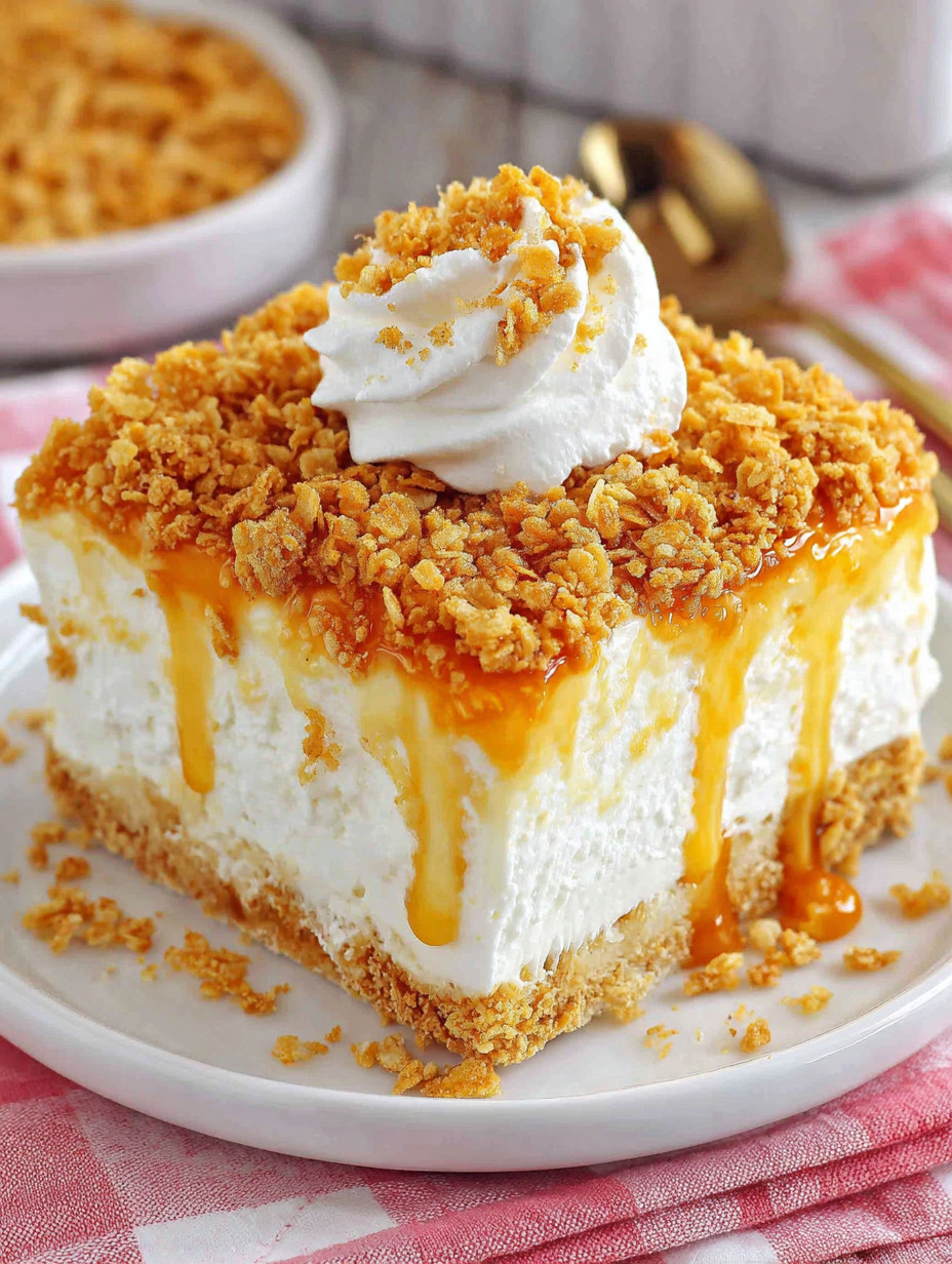 A slice of cake with a dollop of whipped cream on top.