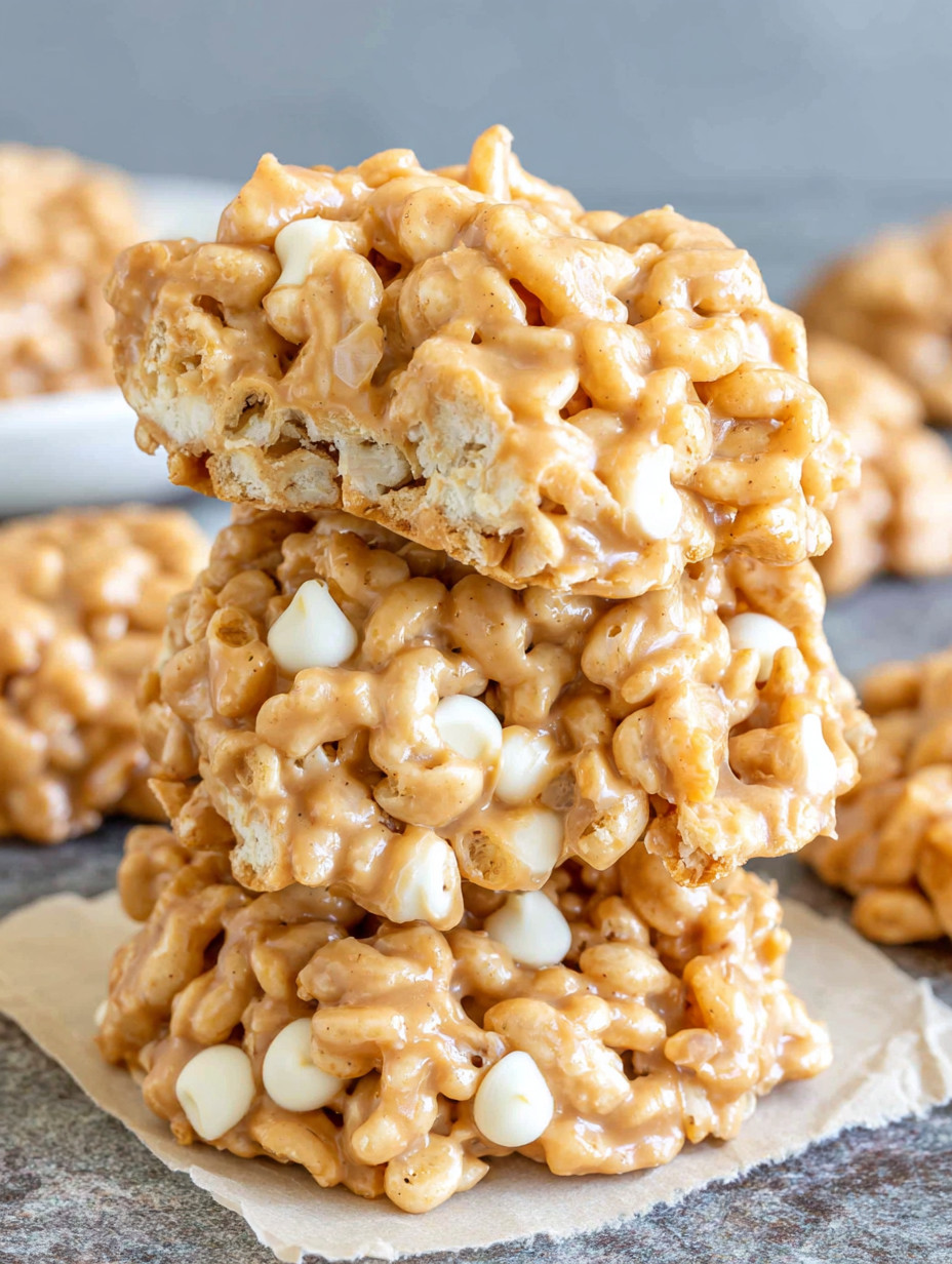 A stack of cereal bars with white marshmallows on top.